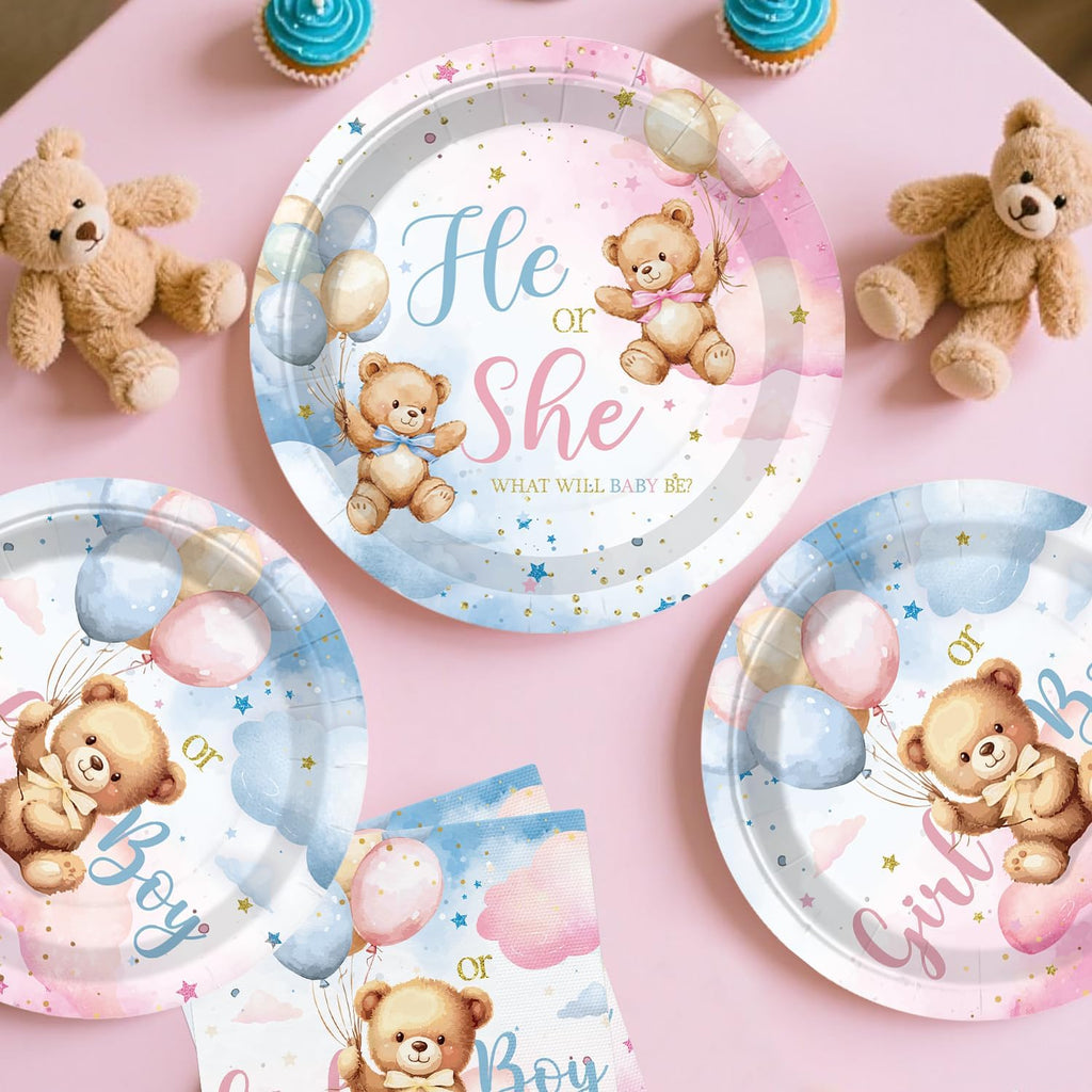 cocomigo 232pcs Bear Gender Reveal Decorations Complete Party Set 20 Guests