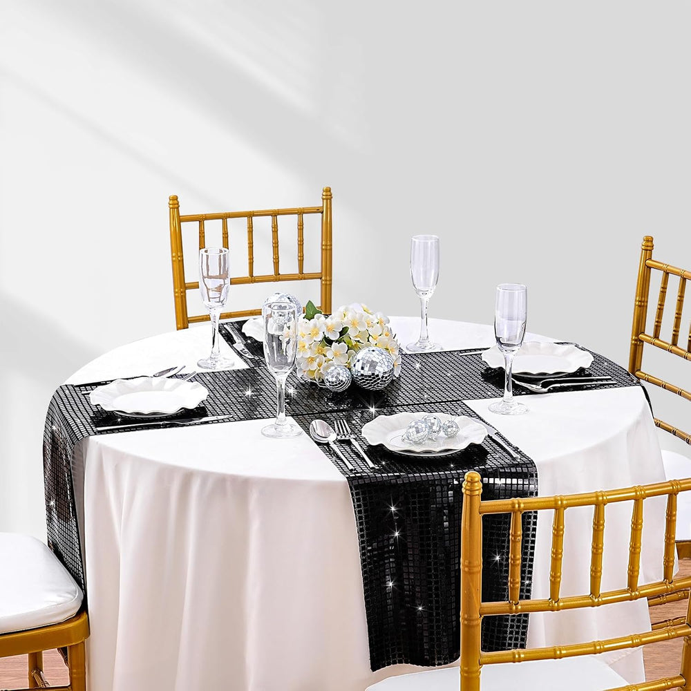 Black Sequin Table Runner 8 Packs 13 x 72 Inch Glitter Mirror Fabric