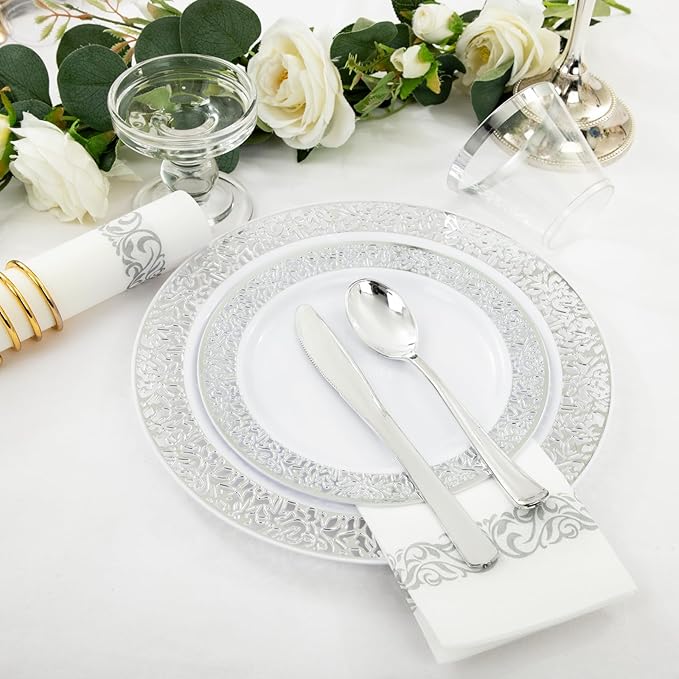 WELLIFE 350pcs Silver Party Dinnerware Set for 50 Guests, Silver Wedding Plates Disposable Heavy Duty, Including :50 Dinner Plates, 50 Dessert Plates, 50 Cups, 50 Napkins, 50 Sliver Silverware Set