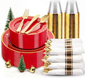 175 Pieces Christmas Plastic Plates - Red Plastic Plates with Gold Rim Include 25 Dinner Plate 10”, 25 Dessert Plate 7”, 25 gold Cups 9 OZ, 25 Pre Rolled Napkins for Christmas/Party