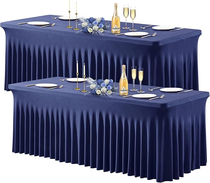 Wish Care 2 Pack Navy Blue Stretch Spandex Table Clothes for 6 Foot Rectangle Tables, 6FT Wrinkle Free Fitted Tablecloths Ruffles Design Table Cover for Party, Banquet, Wedding and Events
