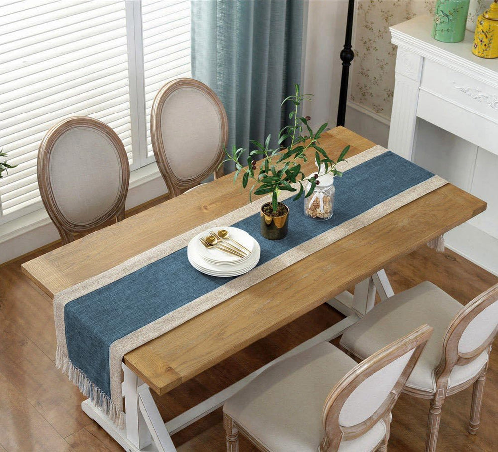Farmhouse Navy Faux Linen Dining Table Runner 15 x 86.5 Inch Blue