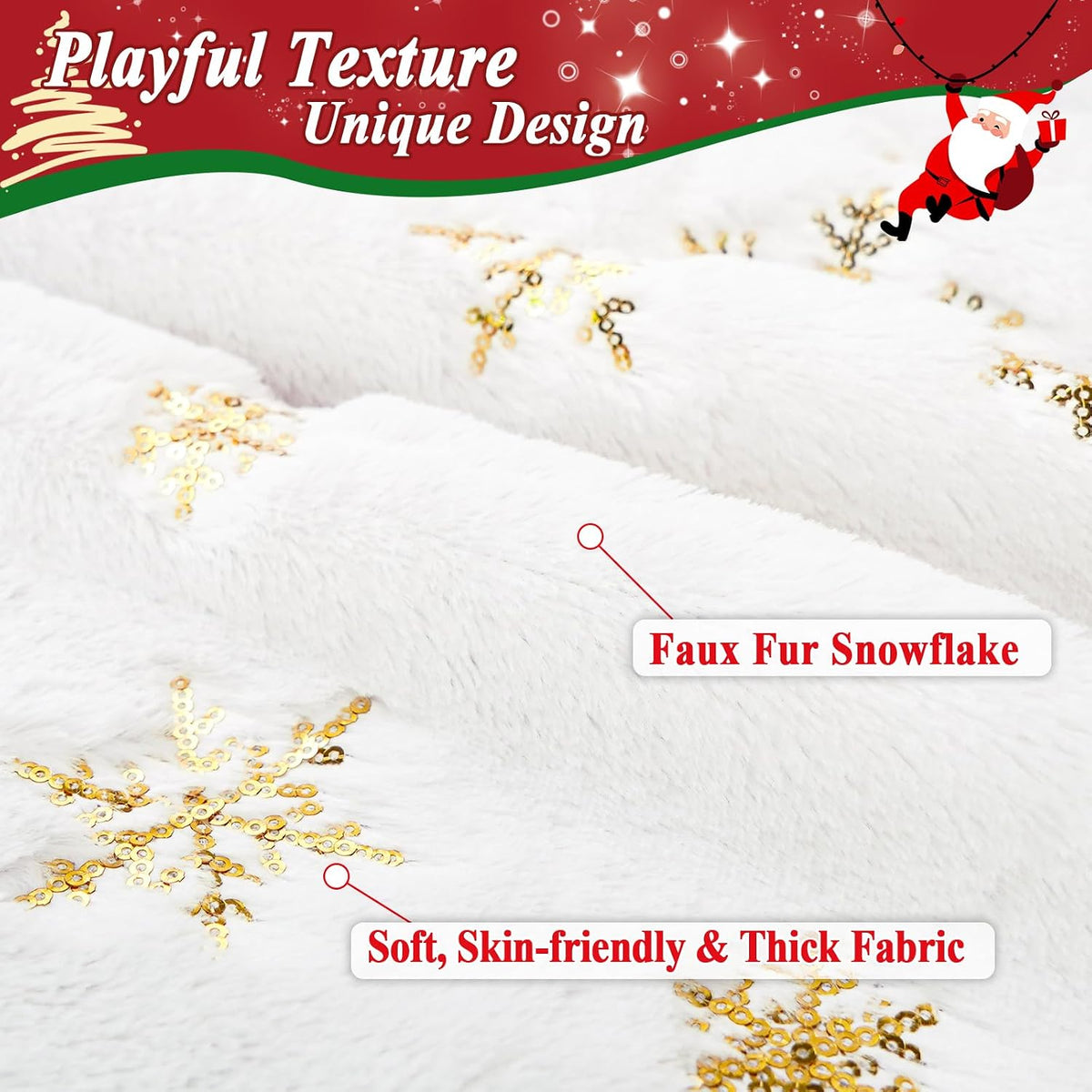 72 Inches Christmas Tree Skirt for Xmas Tree Holiday Party Decorations White Plush Gold Sequin Snowflake