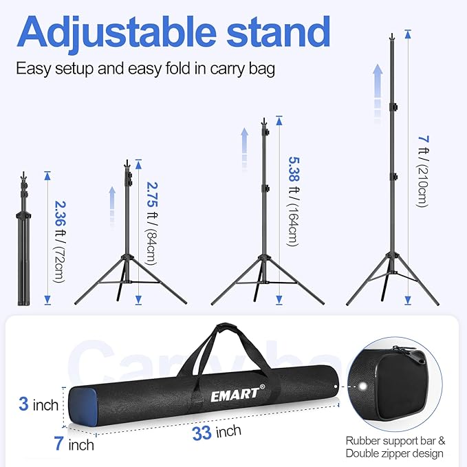 EMART Backdrop Stand 10x7ft(WxH) Photo Studio Adjustable Background Stand Support kit with 2 Crossbars, 8 Clamps, 2 Sandbags and Carry Bag for Parties, Events Decoration, Wedding, Photography