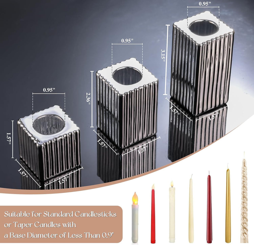 LETINE 12pcs Silver Vertical Stripe Glass Candlestick Holders - Chic Taper Ca...