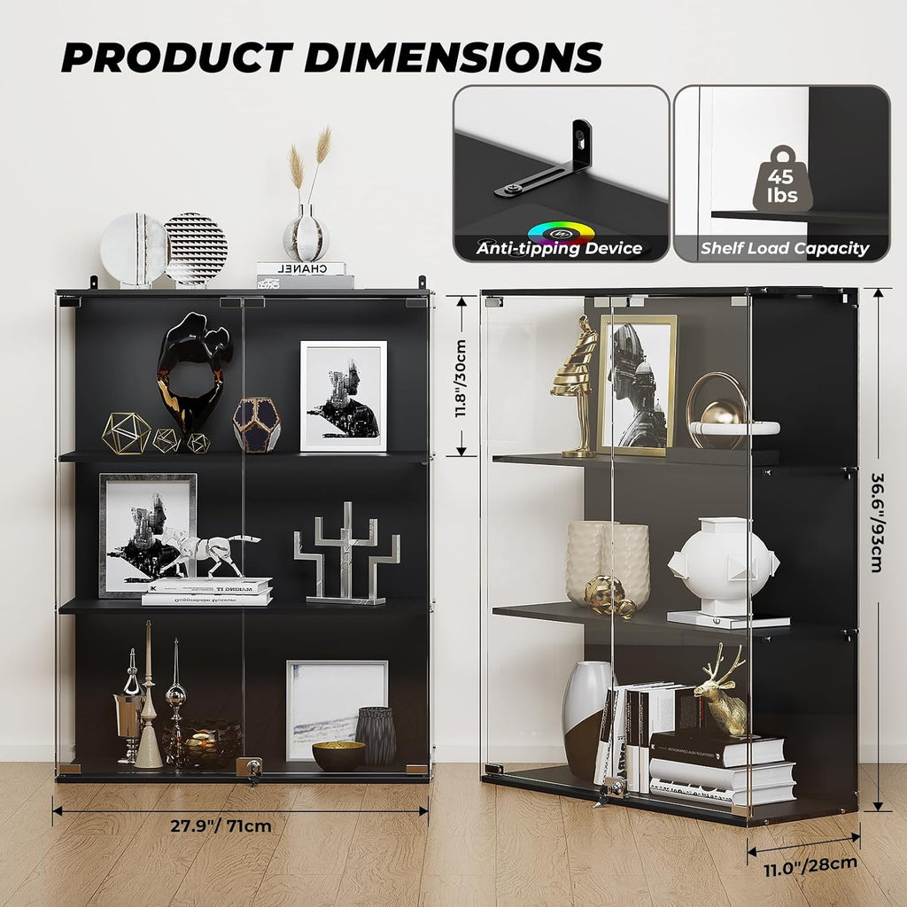VersionTECH. Glass Display Cabinet with RGB LED Lights, Full-View Display, 3-Tier Display Case with Glass Doors for Collectibles, Cabinets with Lock, Human Sensor, Charging Station, Black