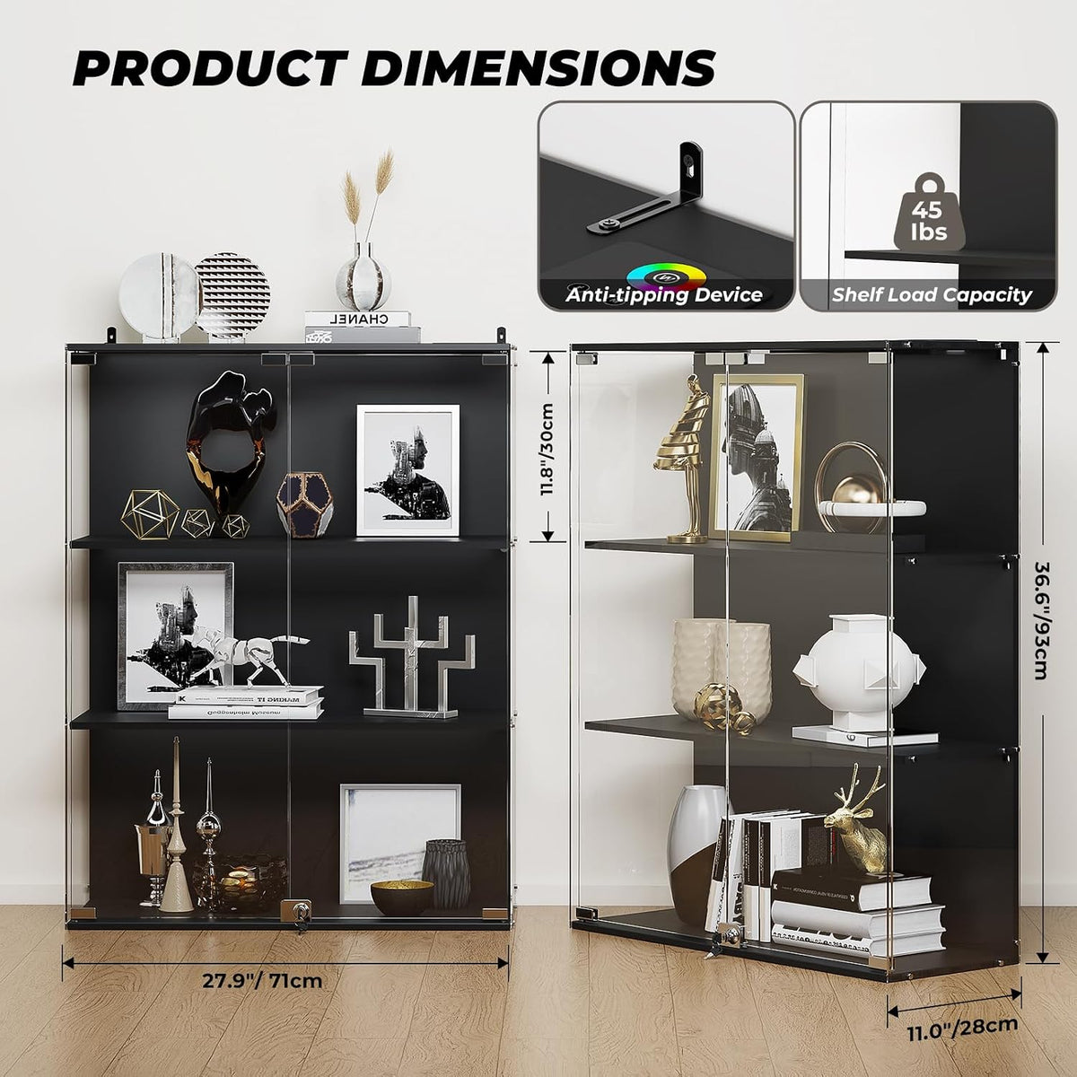 VersionTECH. Glass Display Cabinet with RGB LED Lights, Full-View Display, 3-Tier Display Case with Glass Doors for Collectibles, Cabinets with Lock, Human Sensor, Charging Station, Black