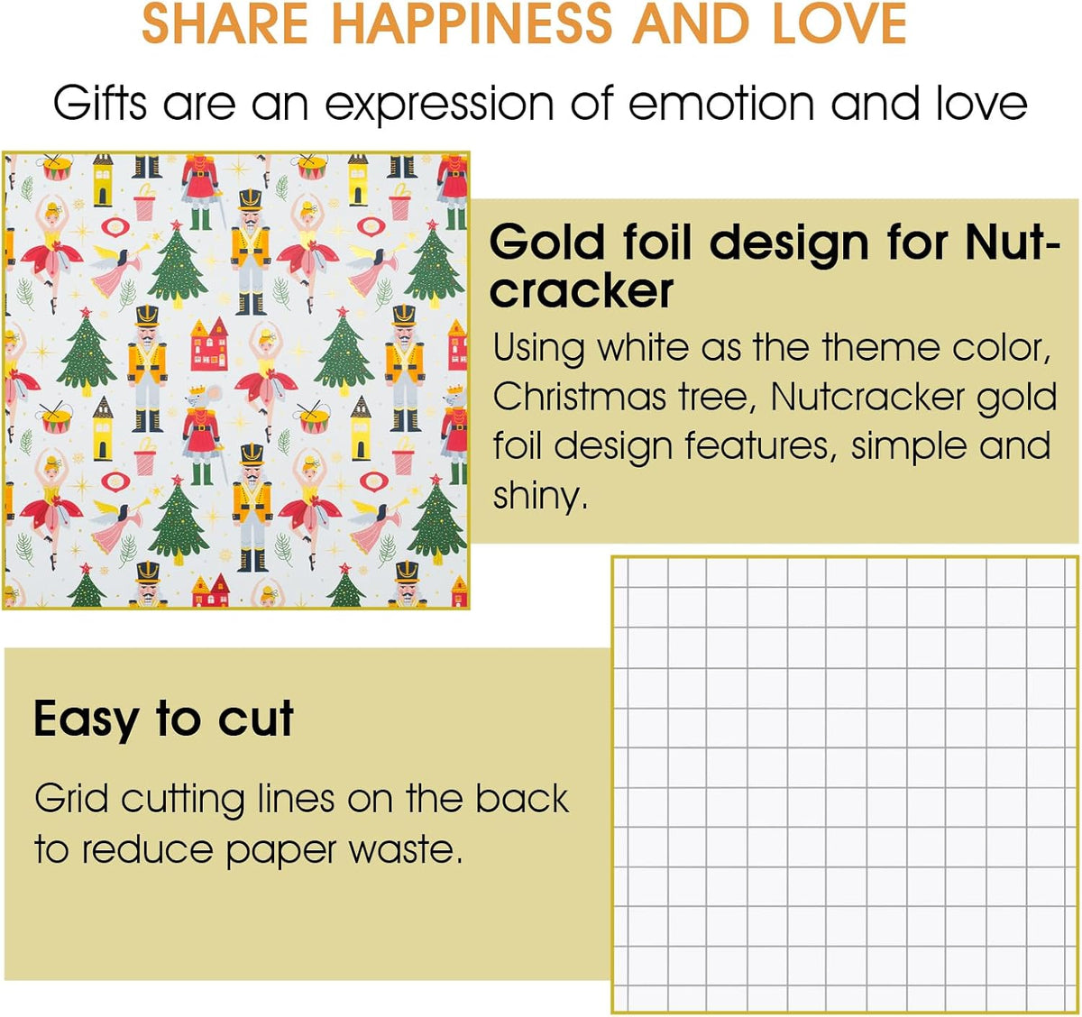 burymento christmas wrapping paper, white nutcracker gold foil, side view