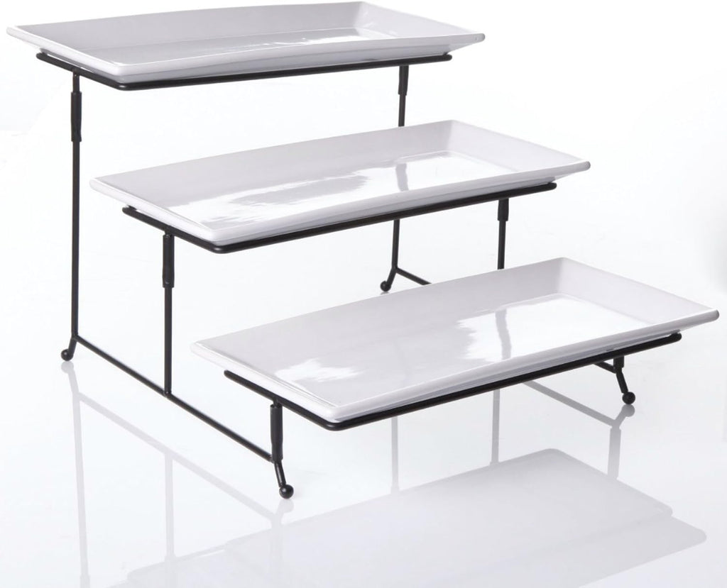 Partito Bella 3 Tier Swiveling Plate Rack Stand Including Three 12x6 Pro-Grade Porcelain Platters for Presentations of Any Kind – Thicker Sturdier Collapsible Stand and Stackable Platters
