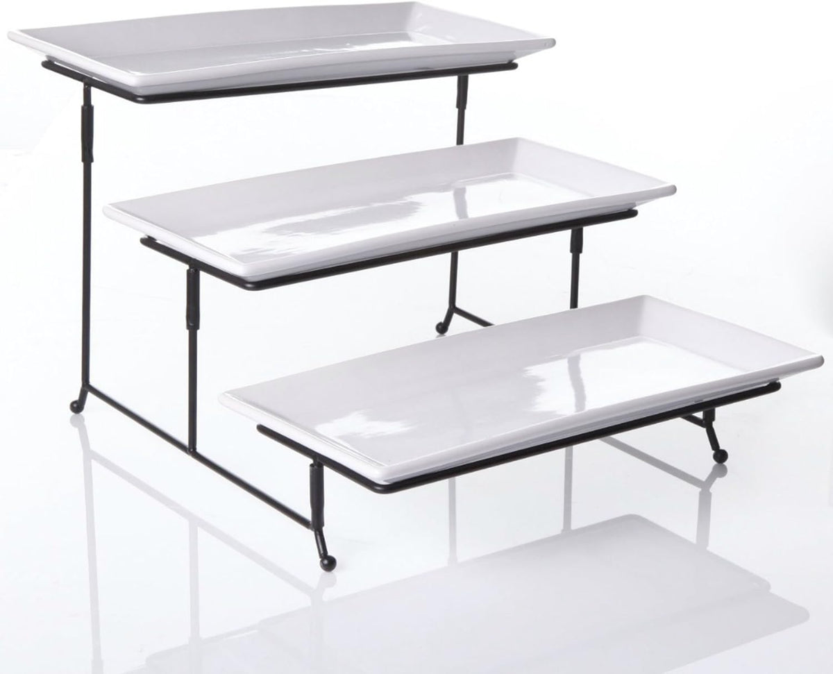 Partito Bella 3 Tier Swiveling Plate Rack Stand Including Three 12x6 Pro-Grade Porcelain Platters for Presentations of Any Kind – Thicker Sturdier Collapsible Stand and Stackable Platters
