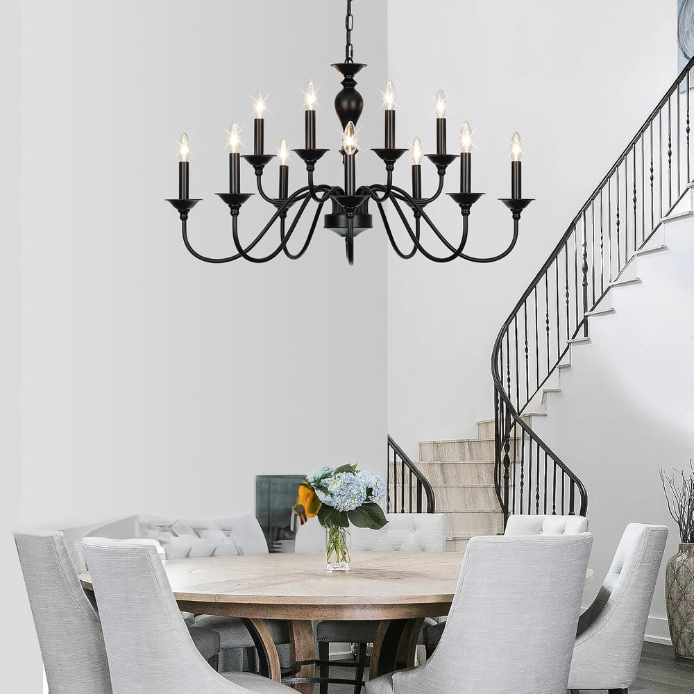 12-Light Black Farmhouse Chandeliers for Dining Room Light Fixture 37"