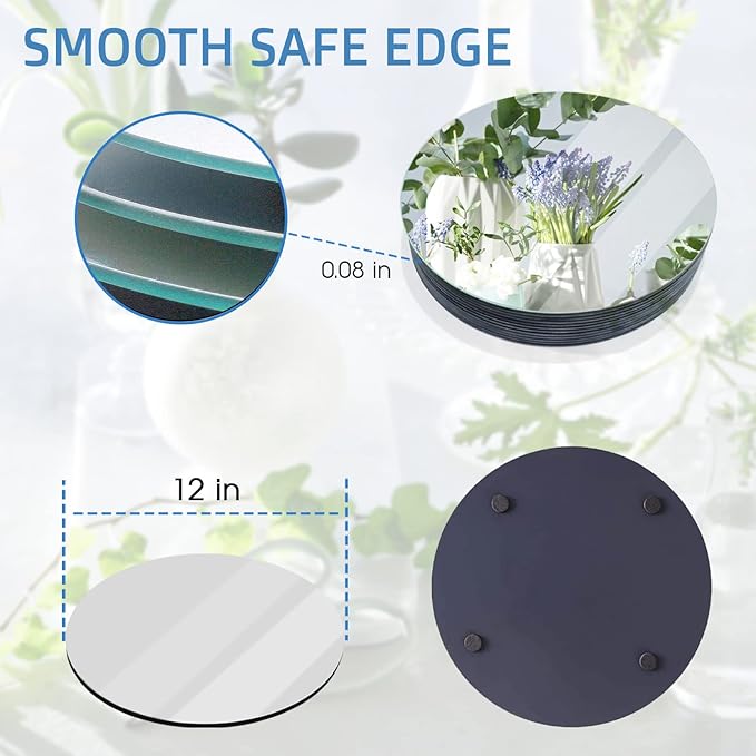 VASUHOME 12" Round Mirror Centerpieces for Tables, Glass Circle Mirror Plates with Smooth Edge and Cushioned Feet, Ideal for Wedding and Party Decorations, 2mm Thick