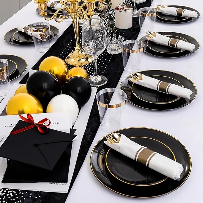 KIRE 350 PCS Plastic Dinnerware Set for 50 Guests - Black and Gold Plates 50 for Dinner 50 for Dessert & 50 Pre Rolled Napkins with Disposable Silverware 50 Cups for Halloween Party/Banquet/Wedding