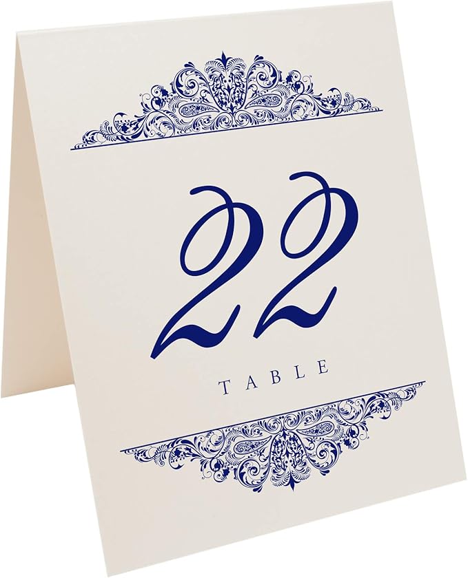 Paisley Wedding Table Numbers (Select Color/Quantity), Champagne, Navy, 1-65, Double Sided, Tent or Use in a Stand, Great for Parties & Restaurants - Made in the USA