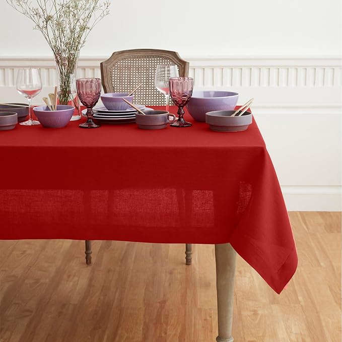 Solino Home Linen Red Tablecloth 60 x 132 Inch - 100% Pure Linen Rectangular Tablecloth - Machine Washable Table Cloth for Christmas, Fall, Autumn - Fete