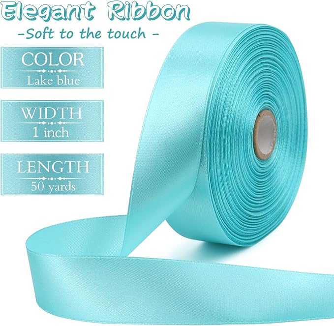 Lake Blue Solid Satin Ribbon 1 Inch 50 Yards Solid Polyester Fabric Ribbon for Gift Wrapping Wedding Christmas Baby Shower Birthday Party Decoration Handmade Immortal Flower Craft