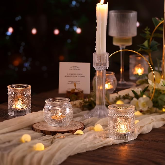 DARJEN 24Pcs Clear Votive Candle Holders - Glass Tea Light Candle Holder, Candle Holders Bulk, Embossed Candle Votives for Wedding Centerpiece & Home Decor