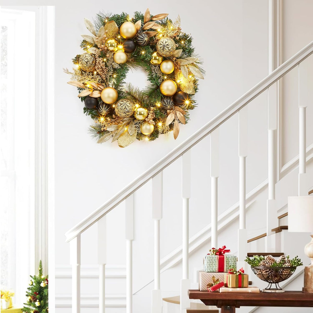 22 in artificial christmas wreath, pre-lit lighted christmas, package contents