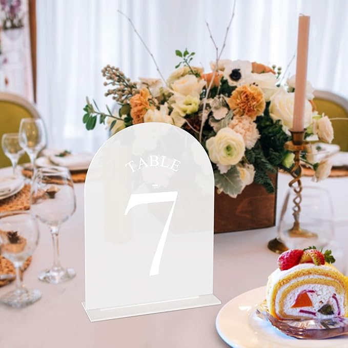 JOYIT Frosted Arch Wedding Table Numbers 1-50 with Stands – 5" X 7" Acrylic Sign Table Number Holders, Perfect for Wedding Receptions, Parties, Anniversaries, and Events