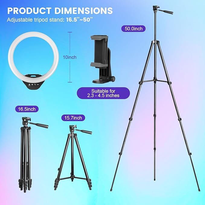 Sensyne 10'' RGB Ring Light with 50'' Extendable Tripod Stand, Circle Lights with Phone Holder for Live Stream/Makeup/YouTube Video/TikTok, Compatible with All Phones