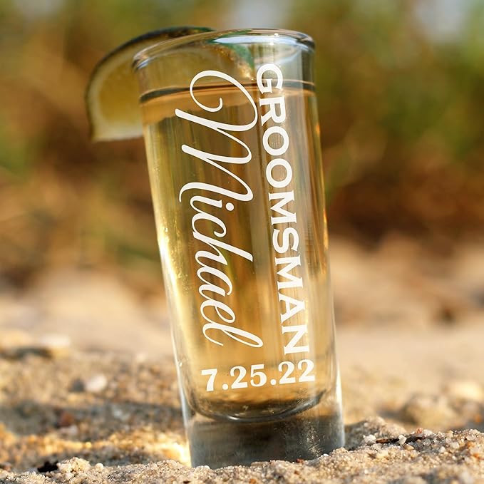 Custom Engraved 2 oz Shot Glass – Personalized Etching – Groomsman & Bridesmaid Gift – Wedding Favor Set of 4