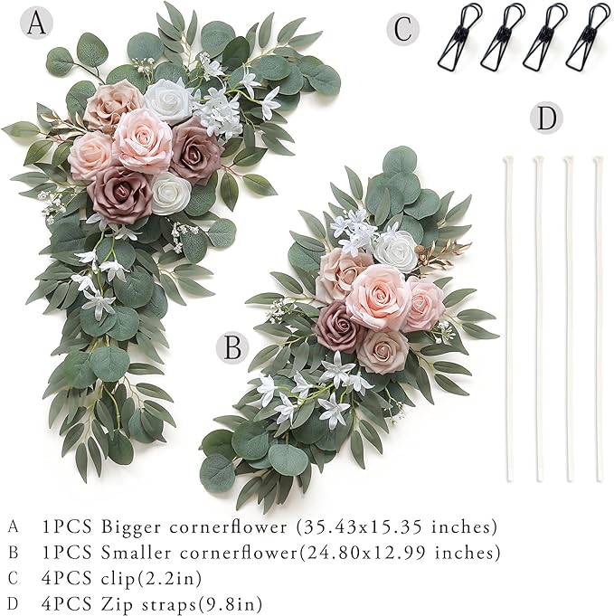 Artificial Dusty Rose Flowers Swag Set of 2 for Wedding Welcome Signs Floral Decorations, Wedding Arch Flowers for Wedding Ceremony