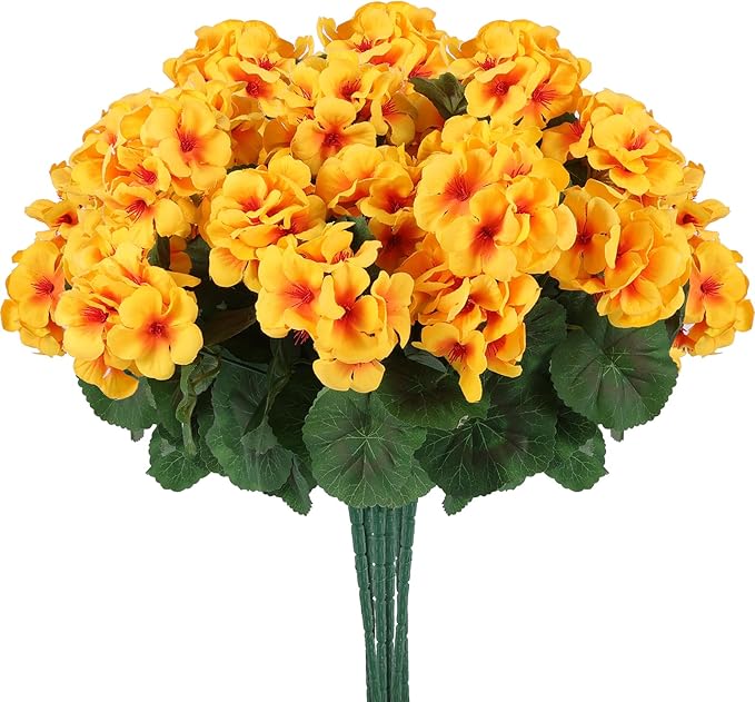 Hananona Artificial Geranium Flowers for Outdoors Geranium Silk Flowers Outdoor UV Resistant Garden Plants Faux Flowers for Home Kitchen Table Centerpieces Decor (12, Yellow) (12 Pcs)