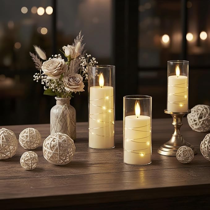 Raycare Flameless Candle with Remote Timer, 7 Flickering Acrylic Battery Operated LED Pillar Candles with Embedded Star String for Halloween, Home Decor, and as a Gift(Ivory) (7 Pack)