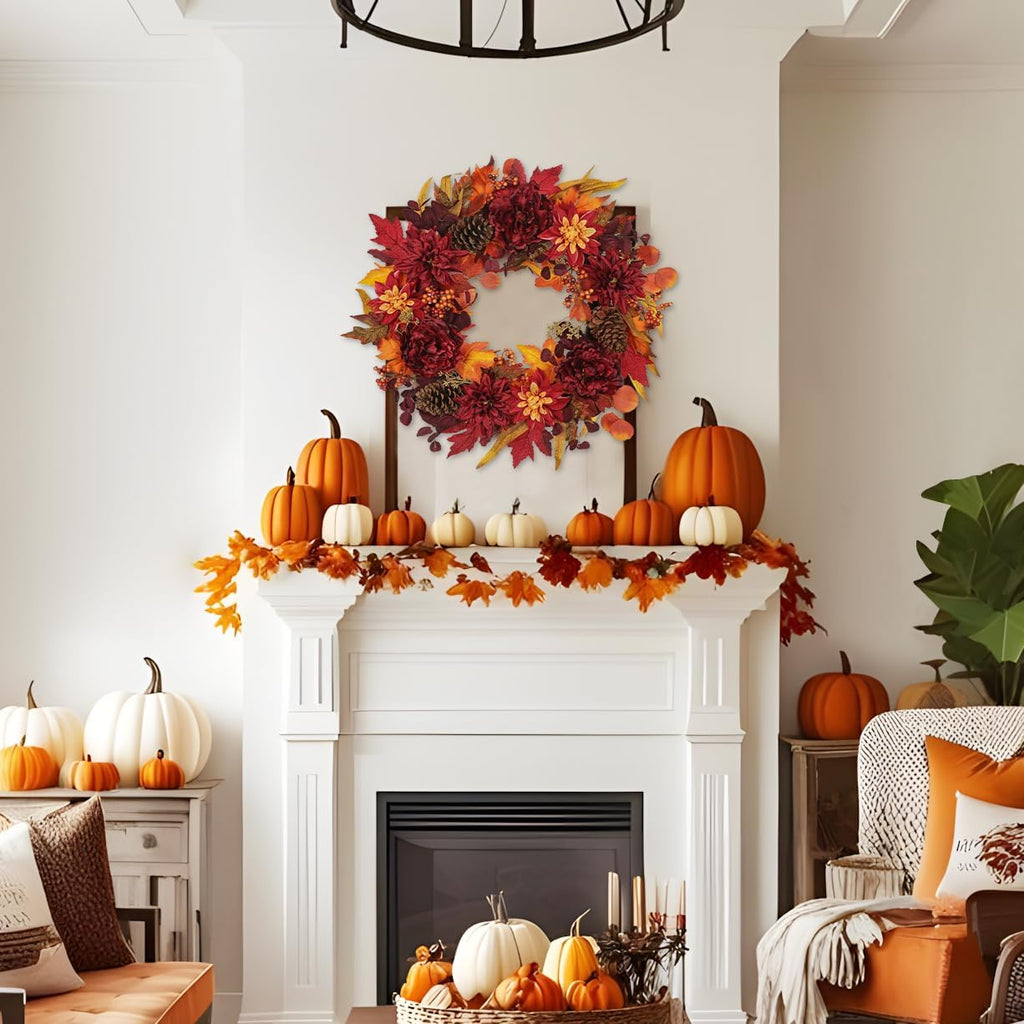 24" artificial fall floral wreath for front door on a desk or shelf