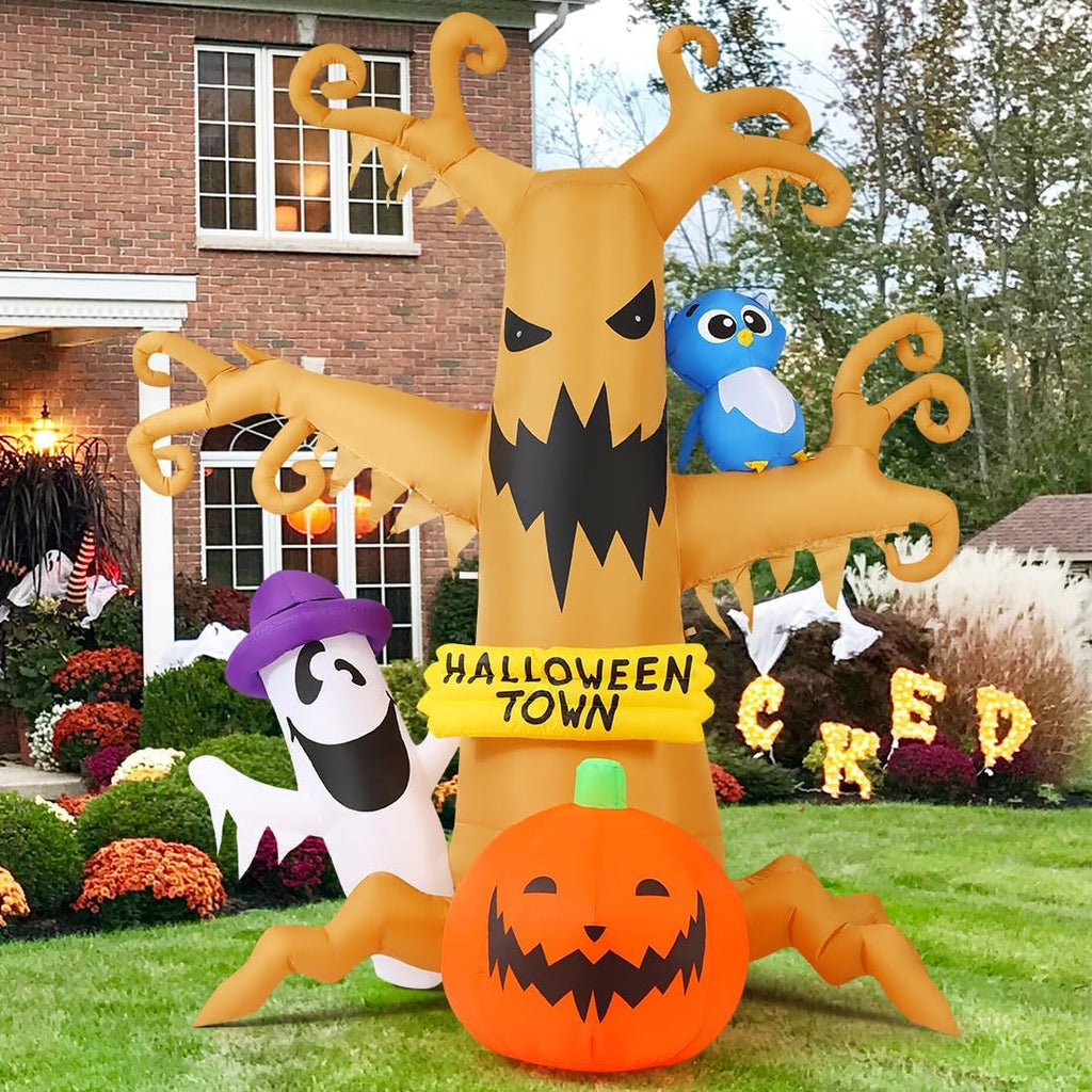 GOOSH 8 FT Halloween Inflatables Dead Tree Outdoor Decorations with Owl Ghosts and Pumpkins, Blow Up Yard Decorations with Built-in LED Lights for Outdoor Party Garden Lawn Decor