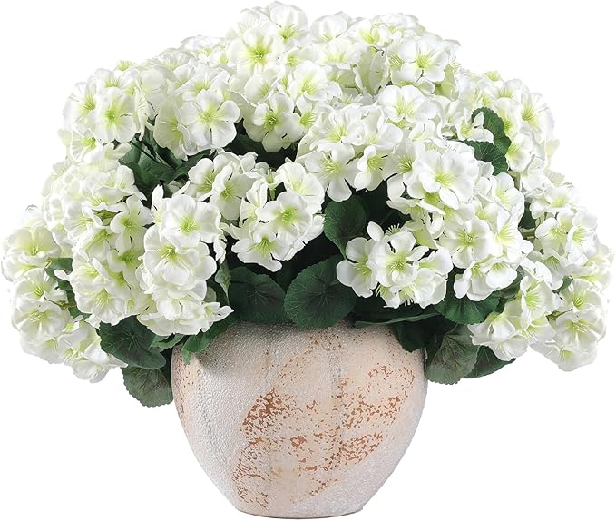 Hananona Artificial Geranium Flowers for Outdoors Geranium Silk Flowers Outdoor UV Resistant Garden Plants Faux Flowers for Home Kitchen Table Centerpieces Decor (12, White) (12 Pcs)