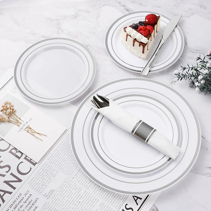 BESTVIP 175PCS Silver Plastic Dinnerware Set, Disposable Party Plates for 25 Guests, Include: 50 Plastic Plates, 25 Pre Rolled Napkins with Silver Silverware, 25 Cups for Christmas, Halloween