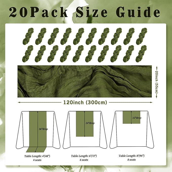 20 Pack Olive Green 10FT Cheesecloth Table Runner Rustic Gauze Cheese Cloth Table Runner for Wedding Bridal Baby Shower Table Decorations Boho Fabric Sheer Birthday Party Decor 20 x 120 Inch Long