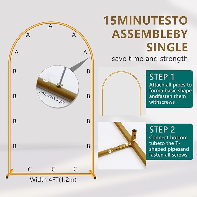 3-Pack Metal Arch Backdrop Stand Set (6/6.6/7.2FT) Heavy Duty Rust-Proof Wedding Decoration Frame with Crossbar Base for Party, Photo Booth, Balloon & Flowers Decor (Gold, 6FT,6.6FT,7.2FT)