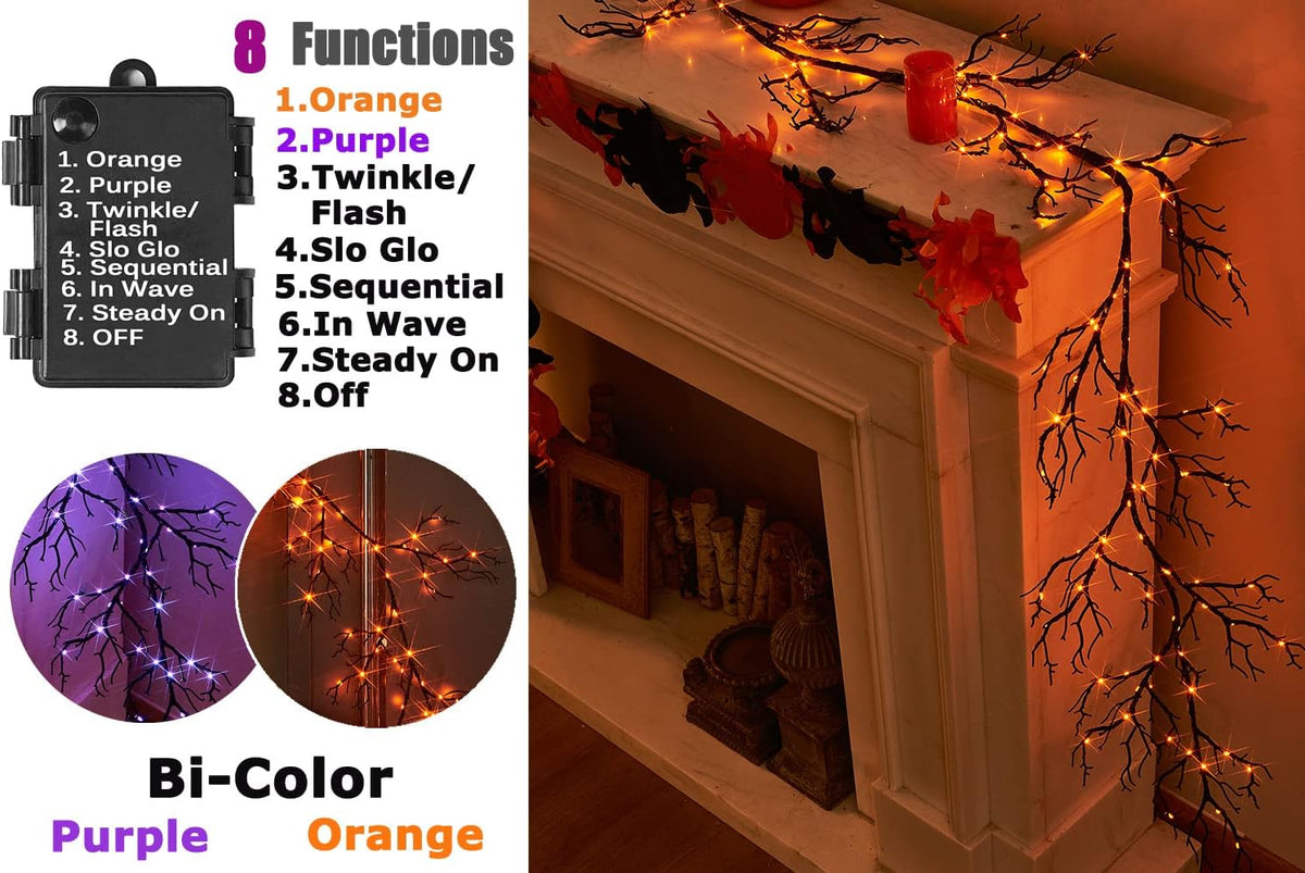 LITBLOOM Halloween Garland Lights 8 Functions 120 Orange and Purple Bi-Color Fairy Lights, Lighted Black Garland Battery Operated for Fall Halloween Decor Inside Outdoor