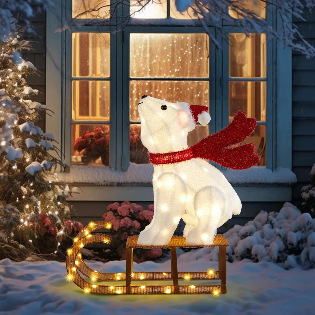 VINGLI 2.8FT Lighted Sleigh Polar Bear Christmas Outdoor Decorations, Christmas Yard Decorations with 104 Prelit LED, Light up Polar Bear Christmas Decor Outdoor for Garden, Lawn, Outside, Plug-in