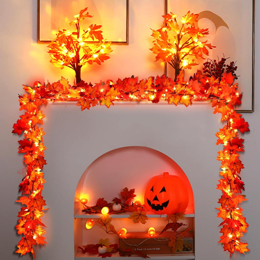 fall decorations lighted fall garland, 9ft 50 count, close-up detail