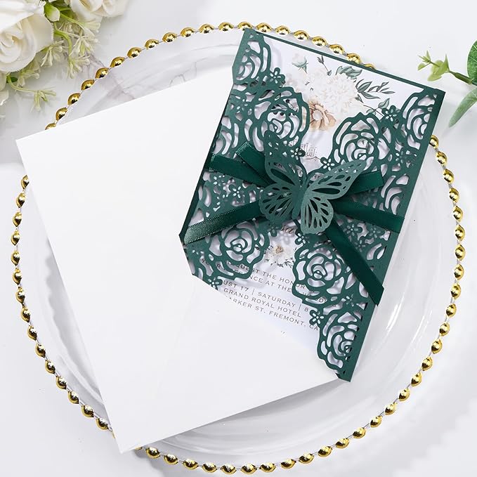 Emerald Green Wedding Invitations with Envelopes and Rsvp Cards, Blank Inner Cards, Ribbons, for Wedding Baby Shower Quinceañera Party Invitations 50 Sets
