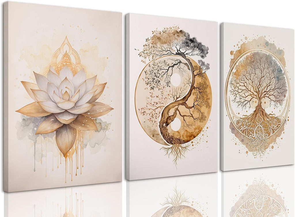 AOYUSMO 3 Piece 3 Piece Tree of Life Wall Art Zen Wall Decor Yoga Room Canvas Art Modern Gold Lotus Flower Pictures Spiritual Meditation Paintings Spa Artwork For Living Room Bathroom