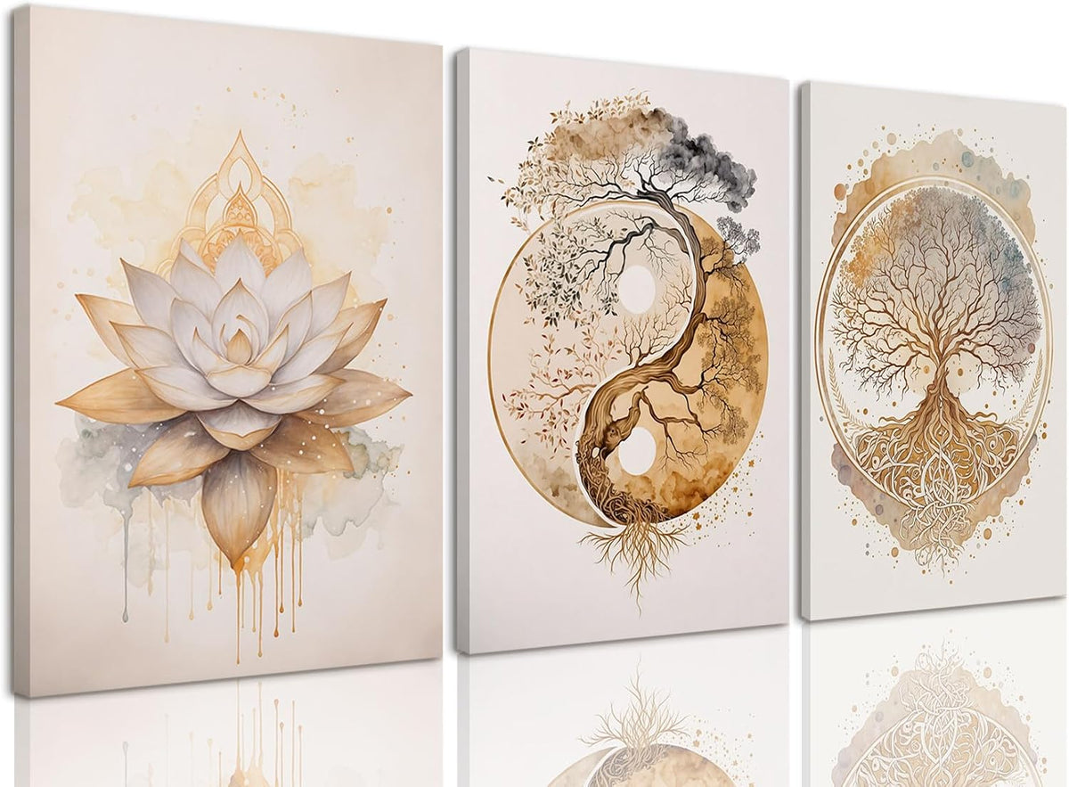 AOYUSMO 3 Piece 3 Piece Tree of Life Wall Art Zen Wall Decor Yoga Room Canvas Art Modern Gold Lotus Flower Pictures Spiritual Meditation Paintings Spa Artwork For Living Room Bathroom