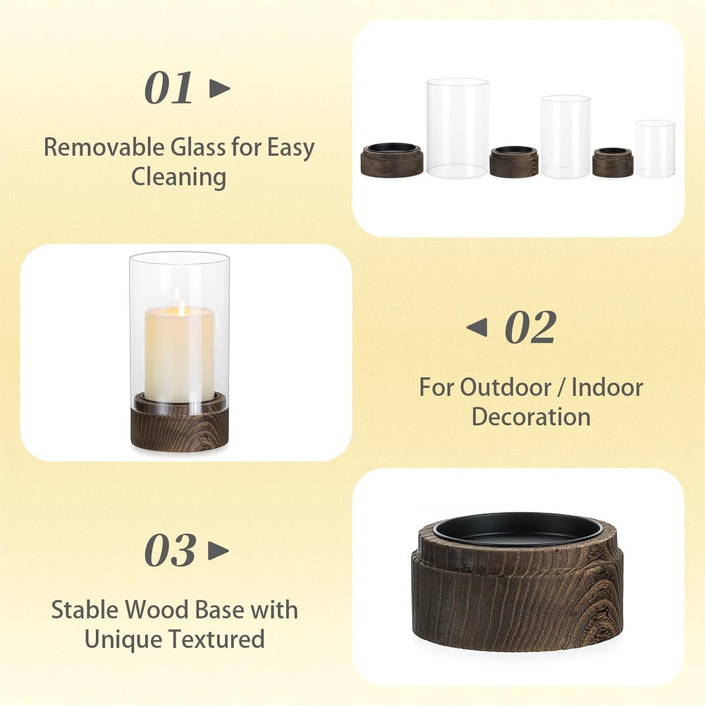 Hewory Hurricane Glass Candle Holders: 3PCS Wooden Brown Candle Holders