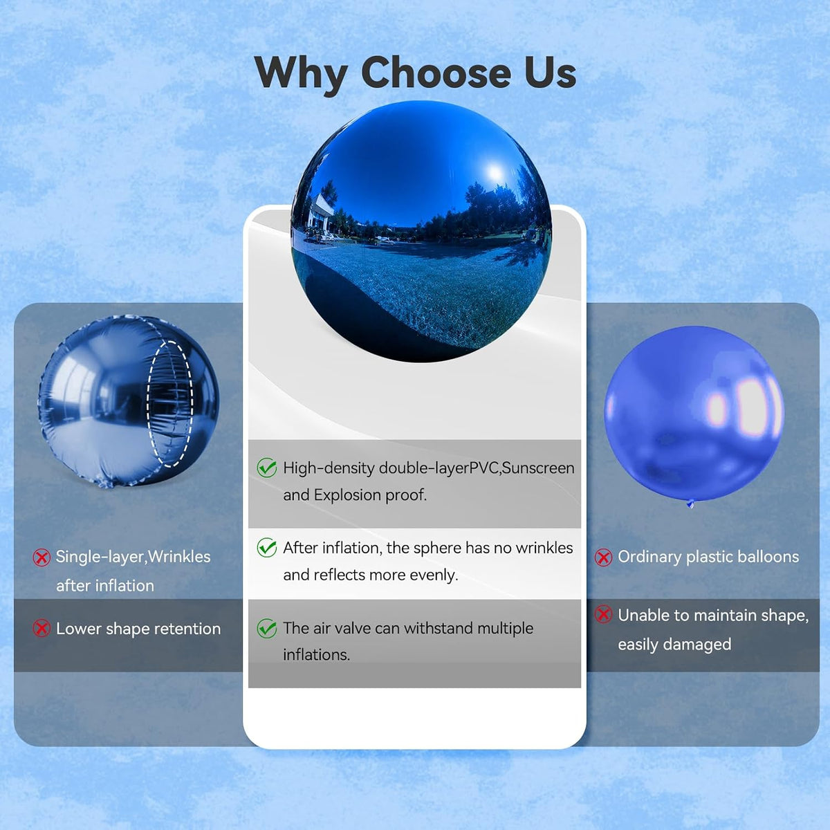 blue inflatable mirror ball shiny balls pool party, front angle view