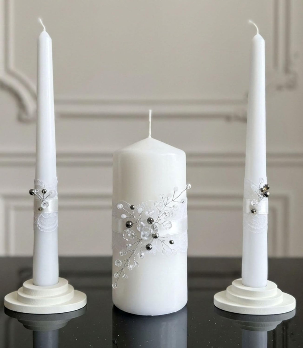 Unity Candle Set - Wedding Ceremony & Reception – 6” Pillar & Two 10” Taper Candles – Long Burning Unity Candles for Marriage Ritual – Handmade in USA –Diamond | White