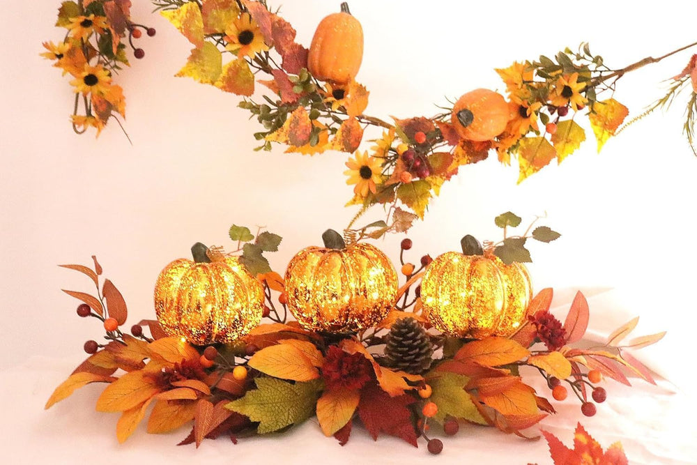 LED Lighted Pumpkin Fall Centerpiece with Maple Leaves, Berries & Pinecon...