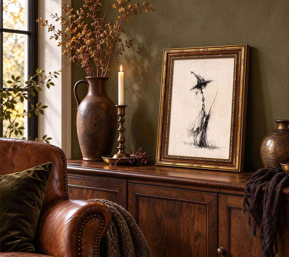 Vintage Witch Canvas Wall Art, Gold Framed Gothic Sketch Print