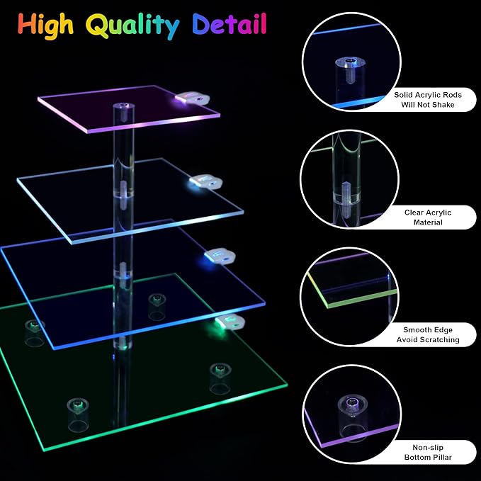 Rechargeable LED Cupcake Stand for 50 Cupcakes, 7 Colors Light Clear Cupcake Holder, 4 Tier Cupcake Tower, Acrylic Dessert Table Display Set for Weddings, Christmas, Birthday, Parties