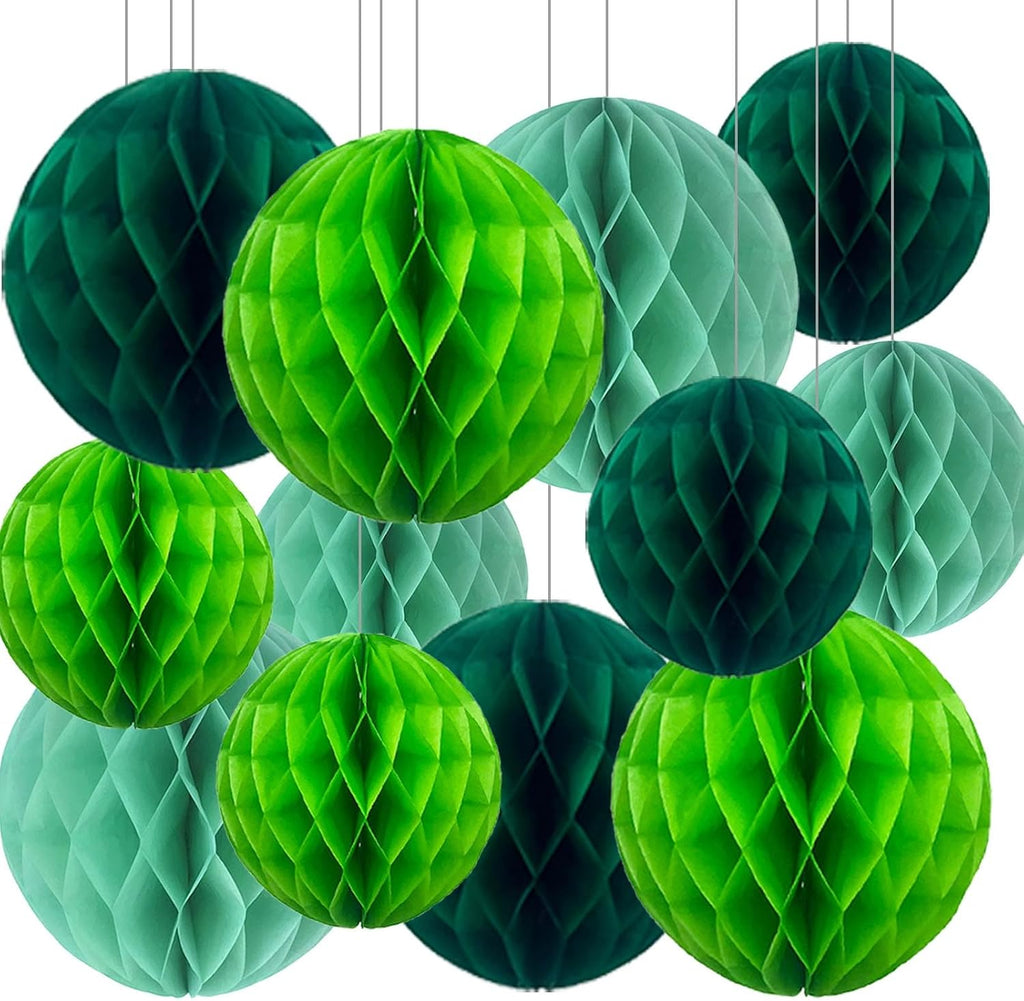 green paper honeycomb balls,12 pack hanging tissue pom, close-up detail