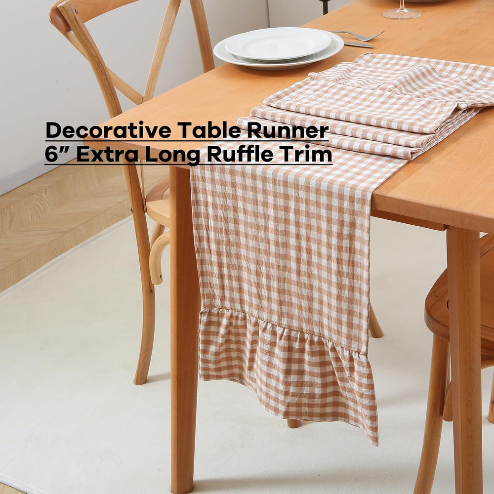 Taupe White Plaid Gingham Ruffle Table Runner Cabinet Cover 13"x120"