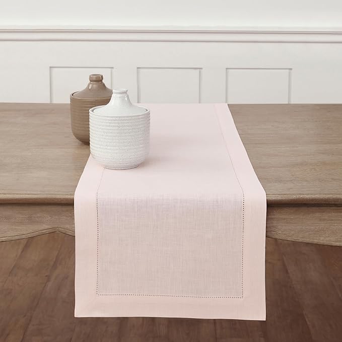 Solino Home Linen Pink Table Runner 144 Inches Long - 100% Pure Linen Extra Long Table Runner 14 x 144 Inch for Halloween - Classic Hemstitch