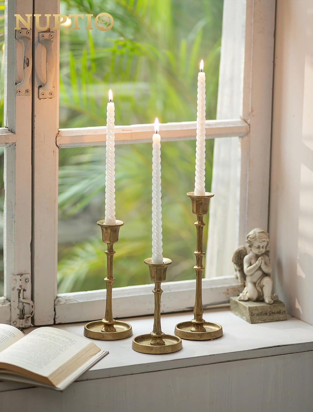 NUPTIO Cast Iron Taper Candle Holders, Set of 3 Antique Brass Candlesticks